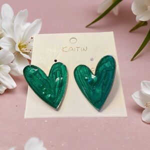 Green Color Big Heart Stud Earrings Handcrafted Marble Swirl Pattern By Kaitin
